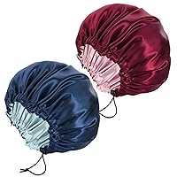 Vista 7 de Paquete de 2 gorros de satén para dormir, gorra de satén ajustable de doble capa para cabello natural y rizado