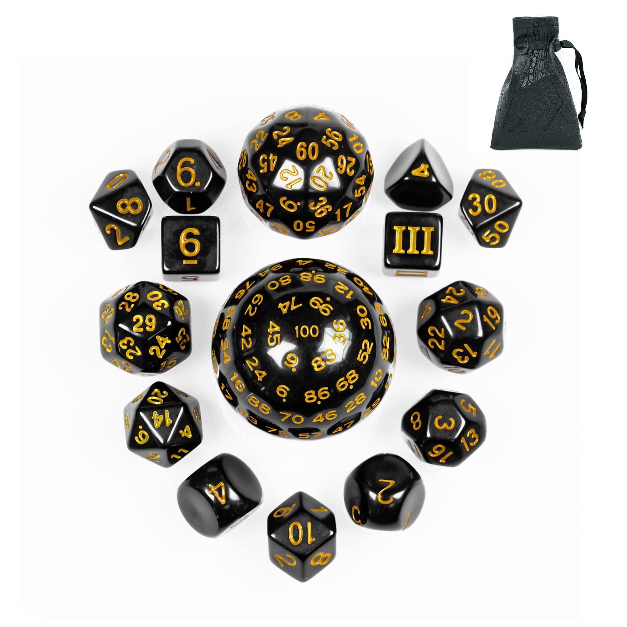 Poludie 15 Pieces Complete Polyhedral DND Dice Set D3-D100 Spherical D&D Dice Set with Dragon Eye Dice Bag, D100 Dice for RPG Table Games(Black w/Yellow Numbers) — image 1