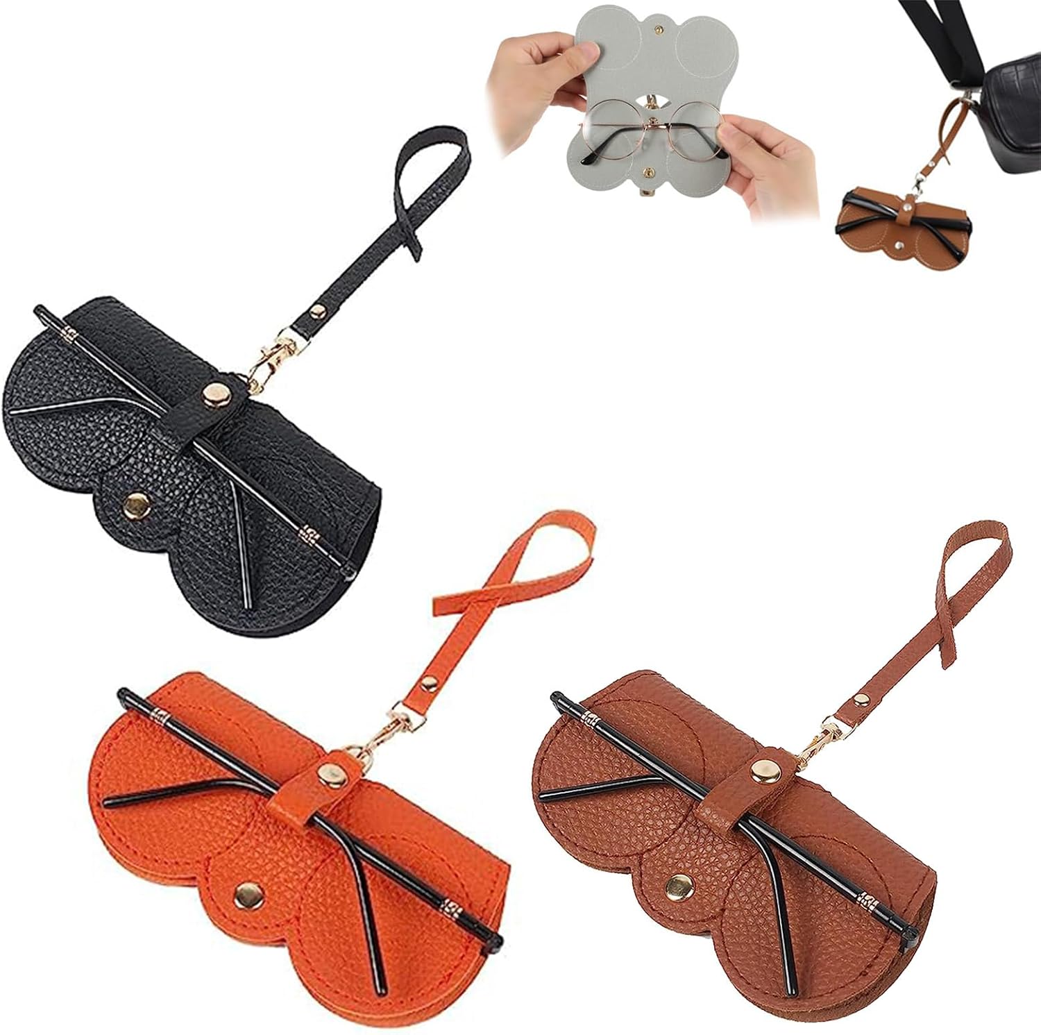 3 Pcs Soft Leather Sunglasses Bag, Soft Leather Sunglasses Bag with Strap, Portable Glasses Case Holder Sunglasses Pouch