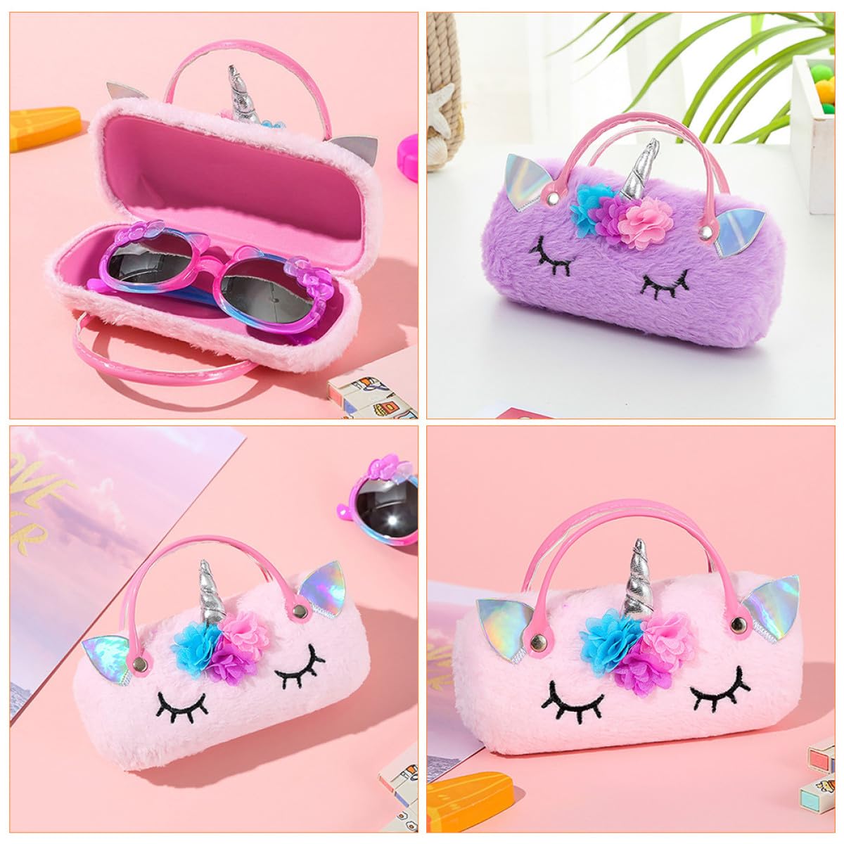 Healeved Custodia Portatile per Occhiali da 2 Pezzi in Peluche Design Unicorno, Protegge dagli Urti, per Riporre Occhiali da Lettura da Sole in Viaggio o Uso Quotidiano