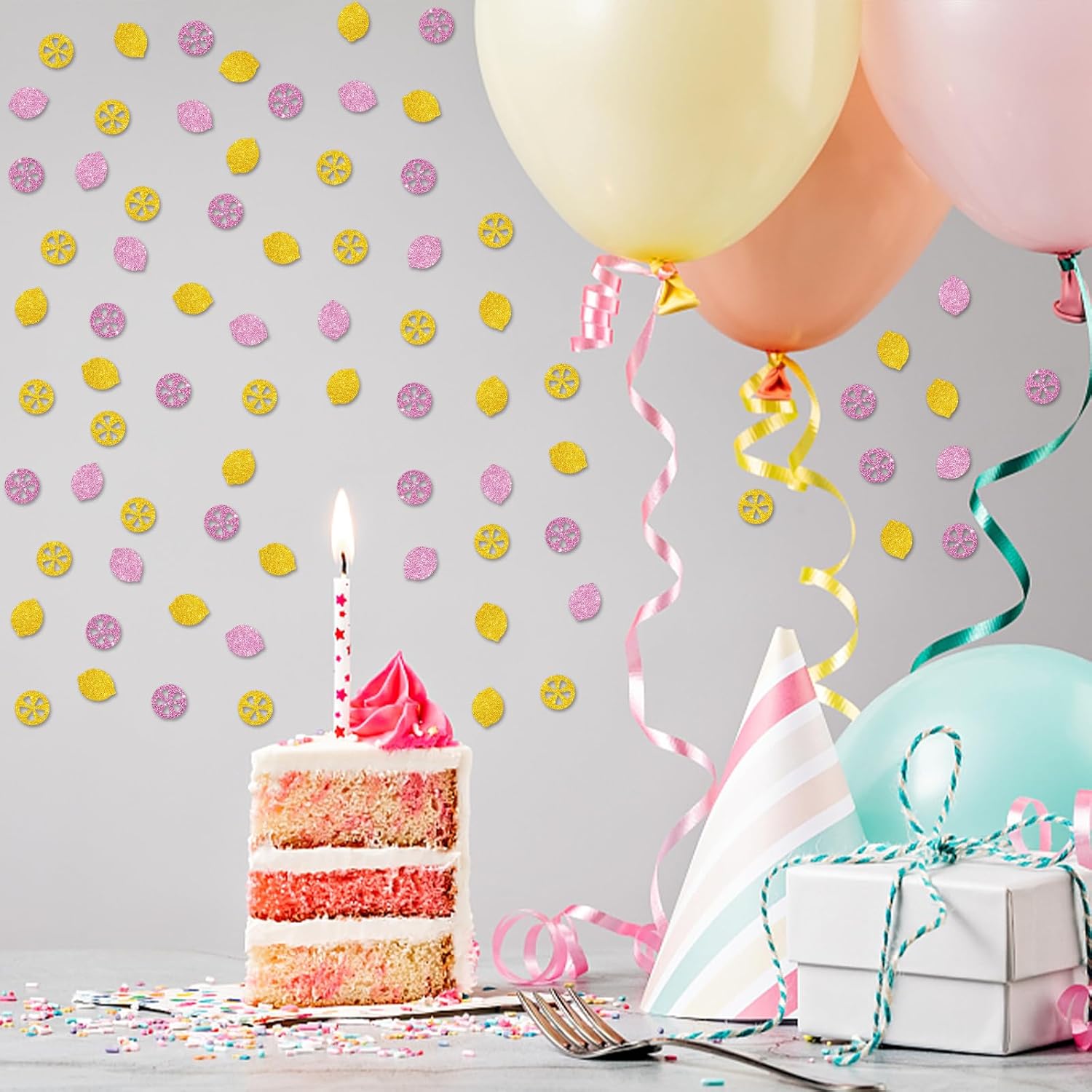 100pcs Lemon Confetti, Gold&Pink Glitter Lemon Table Confetti for Baby Shower, She Found Her Main Squeeze Paper Scatters, Fruit Themed Birthday/Lemonade Party Table Decoration