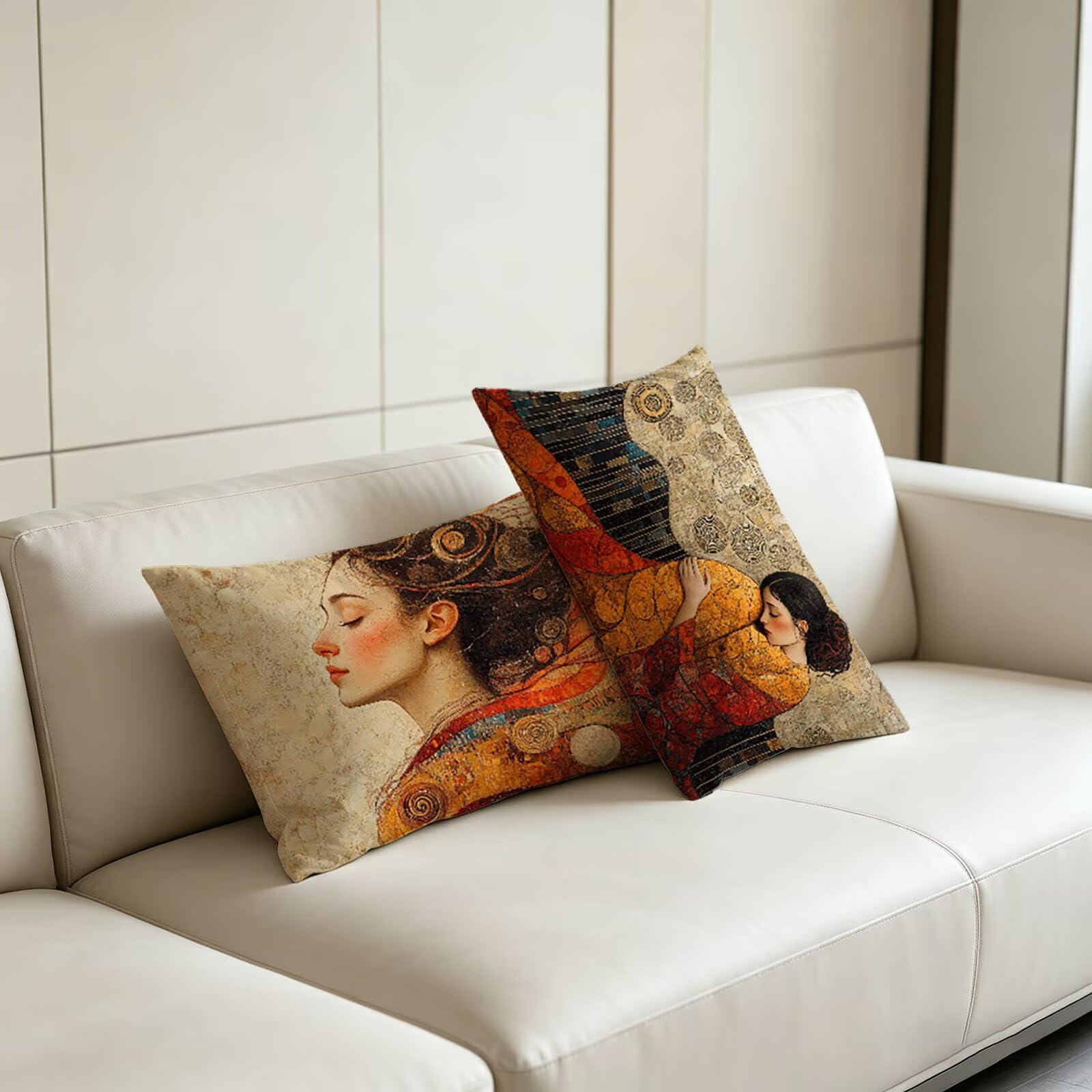 Federe Cuscini Divano 40 x 80, Klimt Cuscini da Esterno Impermeabili Rettangolari, 2 Pezzi Lino Copricuscini con Cerniera Invisibile, per Soggiorno Camera da Letto, Regalo per Donna, Donna E-5395