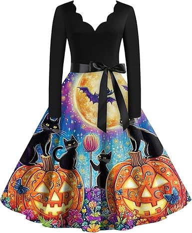 OIOLOYJM Sexy Plus Size Halloween Costumes Woman 2025 Long Sleeve V Neck Printed Gothic Retro Formal Party Dresses for Women