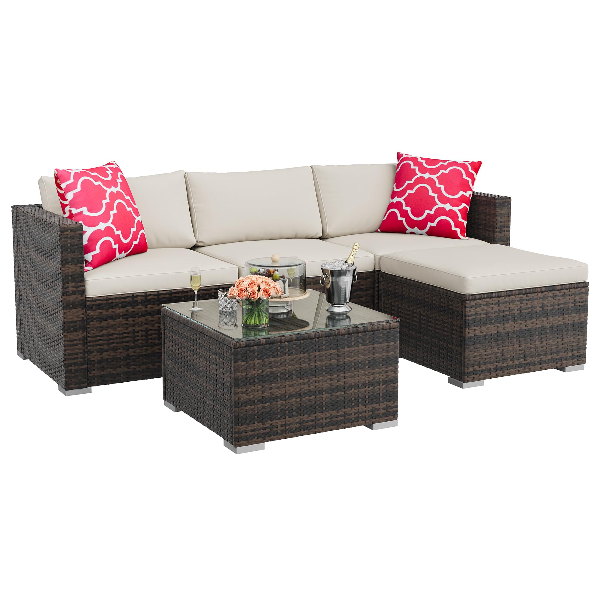 Photo 1 of ***** SET OF TWO BOXES****** COMPLETE SET ******GAOMON 5-Piece All-Weather Patio Furniture Set, Convertible Outdoor Sectional Sofa with Ottoman & Tempered Glass Table, PE Rattan Conversation Set for Garden, Backyard, Porch, Poolside