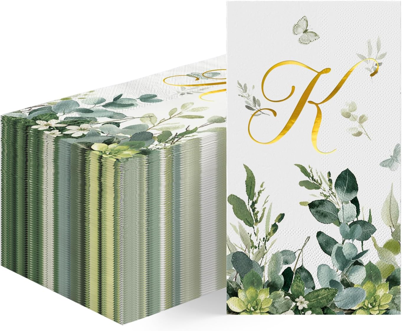 Horaldaily 100 Spring Disposable Paper Decorative Guest Napkins, Watercolor Eucalyptus Monogram Gold Foil Letter K for Party Bathroom Wedding Birthday Baby Shower