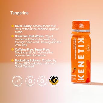 KENETIK Caffeine-Free Focus Shots Brain Fuel for Mental Clarity and Cognitive Endurance, Sugar-Free, Bioidentical Ketones (D-BHB), 2oz 12 Pack, Tangerine | D-BHB Nootropic Drink With Electrolytes - Sugar Free Brain Fuel for Mental Clarity & Cognitive Endurance, No Jitters or Crash