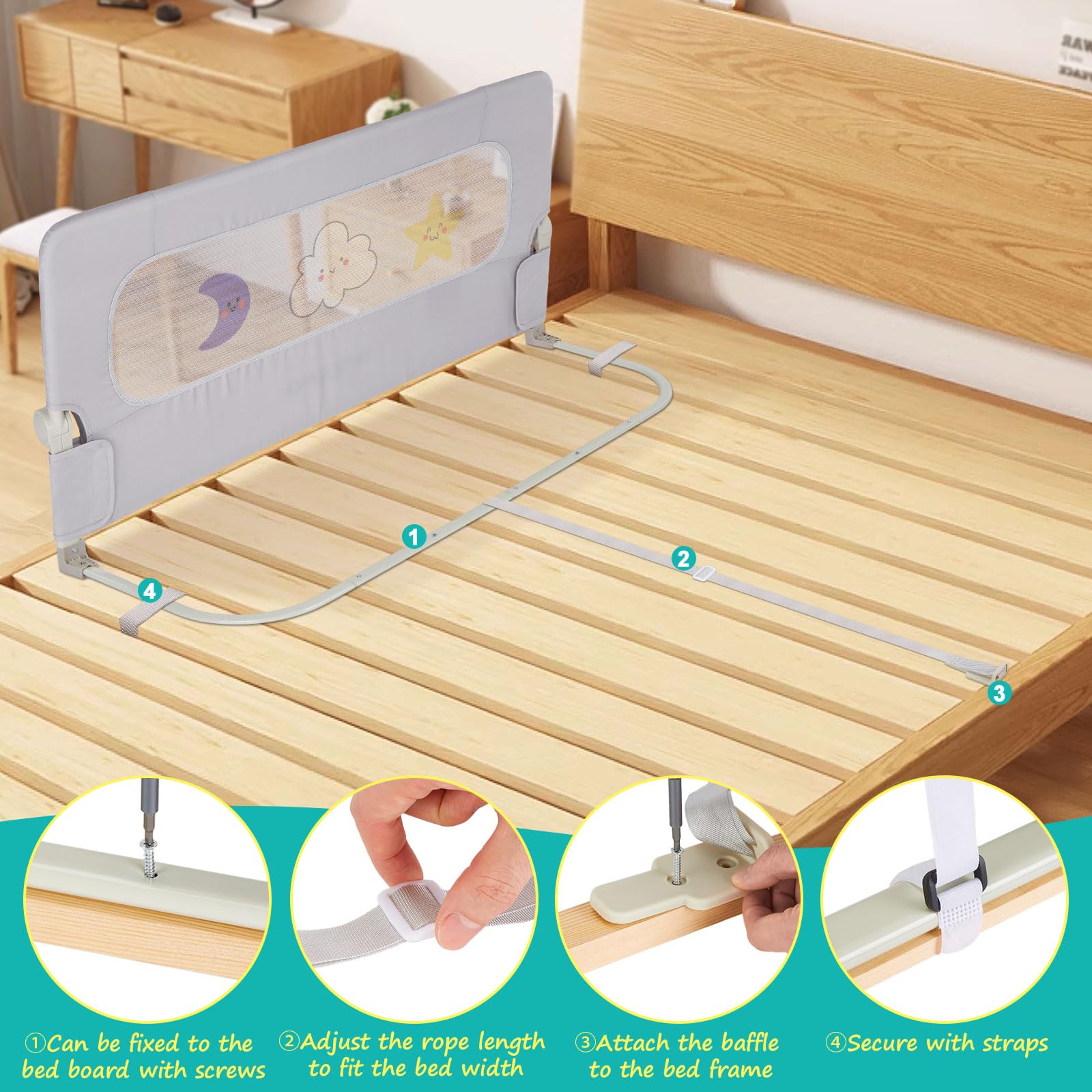 welspo Bettgitter Bettschutzgitter mit Kindermotiven, Rausfallschutz | für Kinderbett, Grau