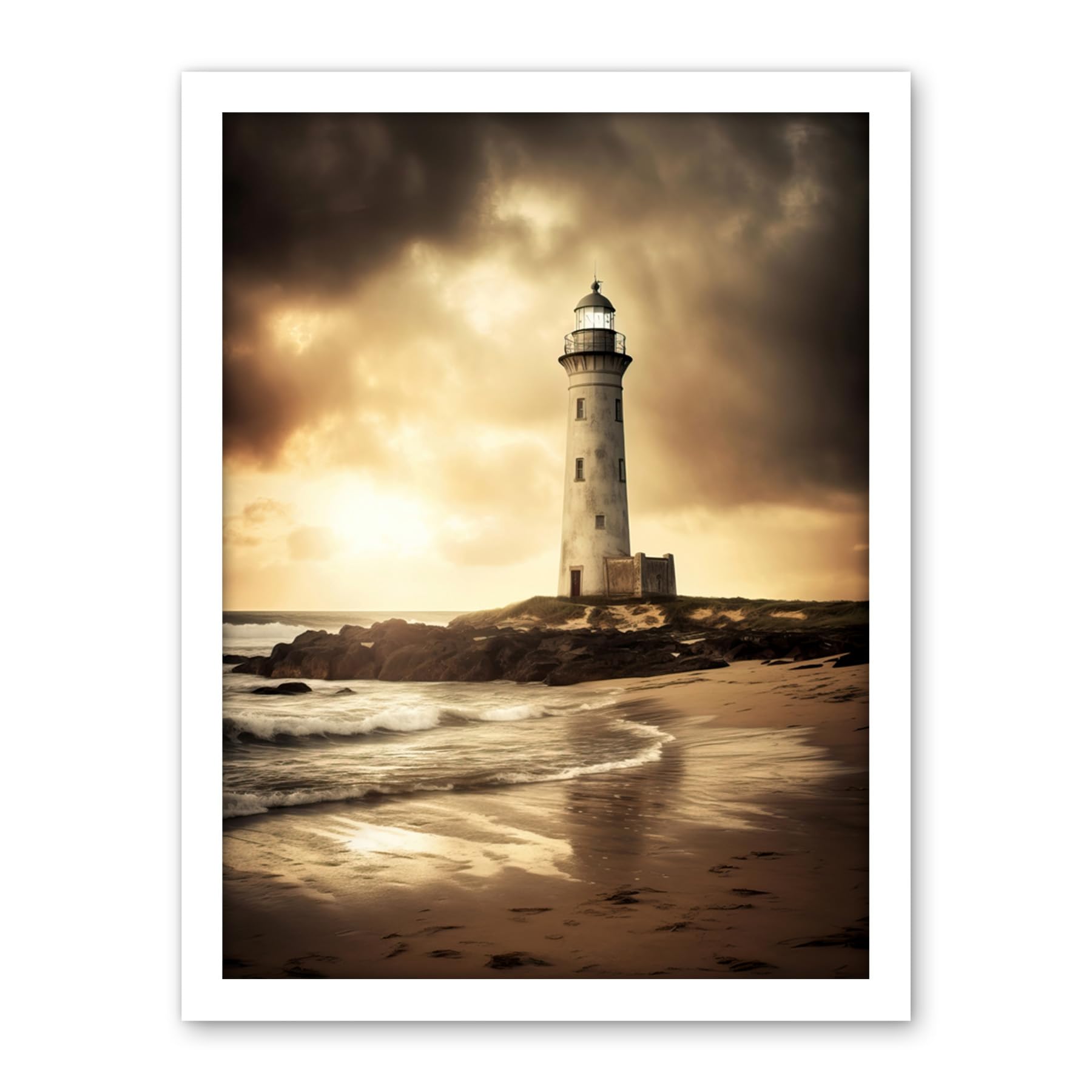 Artery8 Atmospheric Lighthouse Photo Beach Sepia Photograph Atmospheric Sunset Seascape Artwork Framed Wall Art Print 18X24 Inch