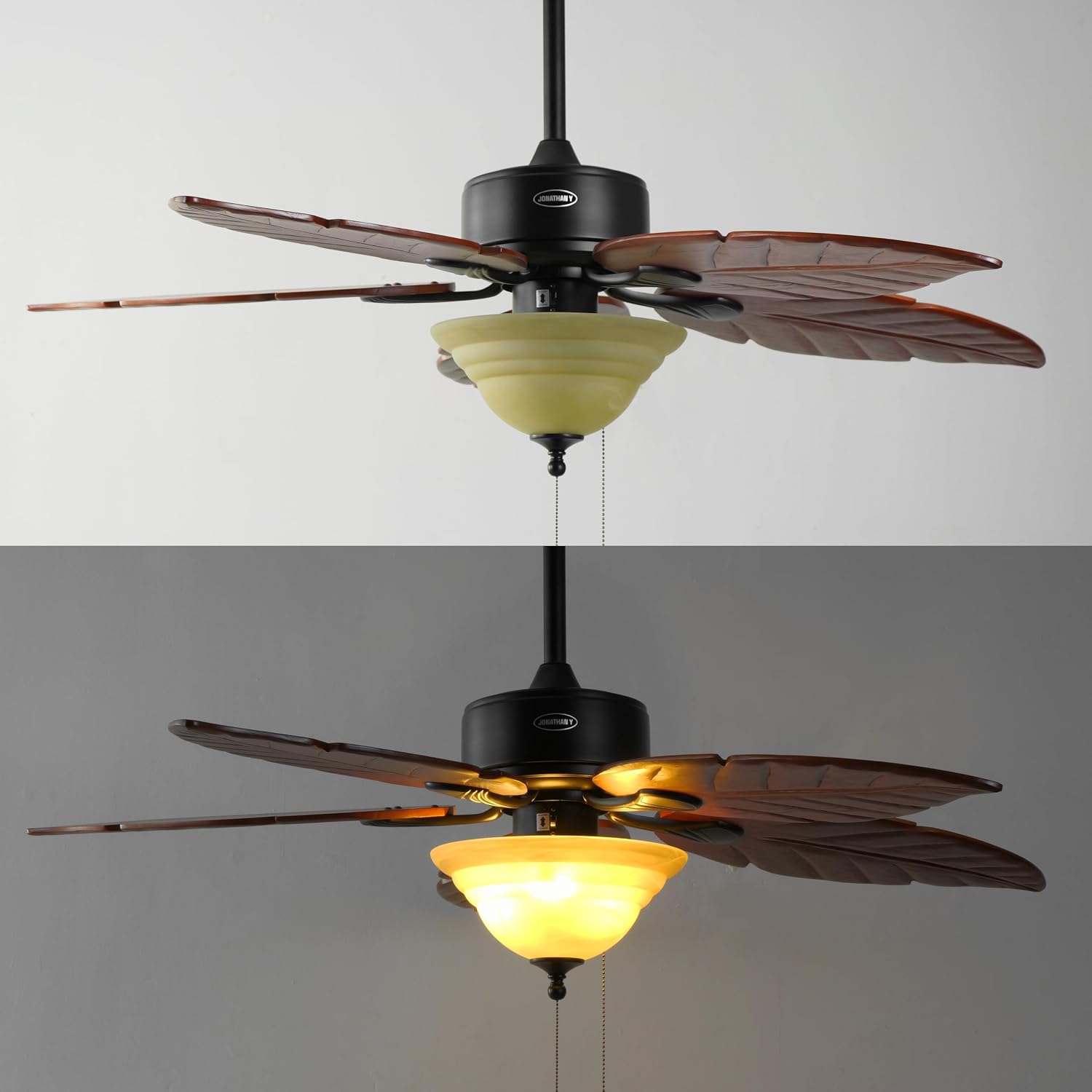 JONATHAN Y 52" Dark Brown Coastal Bohemian Palm Leaf LED Ceiling Fan, 3-Light Rustic Wood Blades with Pull Chain for Living Room, Frosted Glass Shade, LED Bulbs Included (JYL9720B)