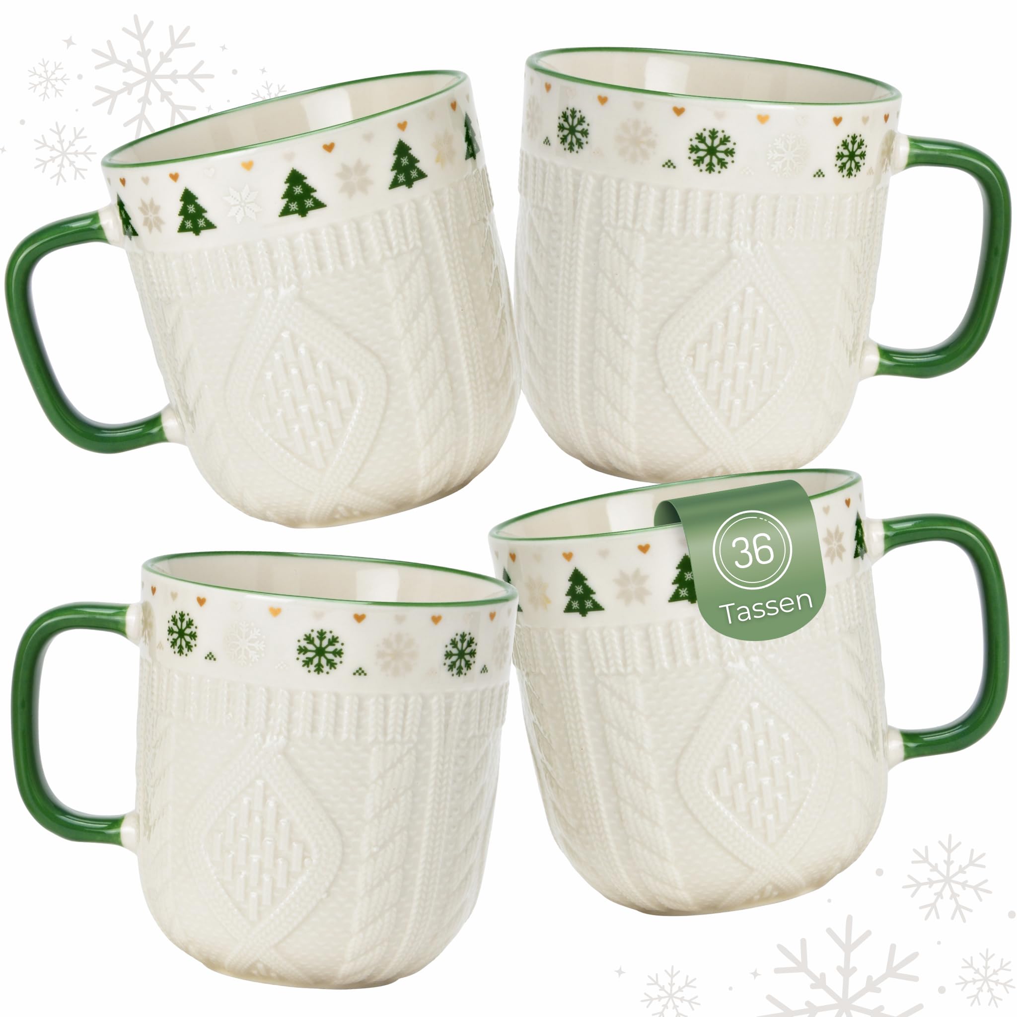 Kaffeetassen 36er Set weiß mit grünem Henkel - Weihnachts-Tassen mit Strickmuster Porzellan 345 ml