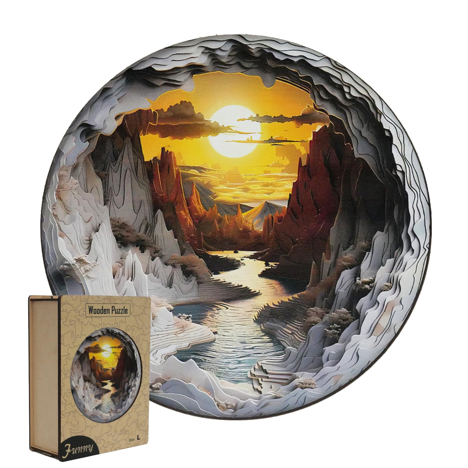 Rongxze Wooden Jigsaw Puzzle for Adults, 34 x 34 cm 300 Pieces, 3D Canyon Sunset, Irregular Unique Pieces Stress Relief Wall Decor Gift — image 1