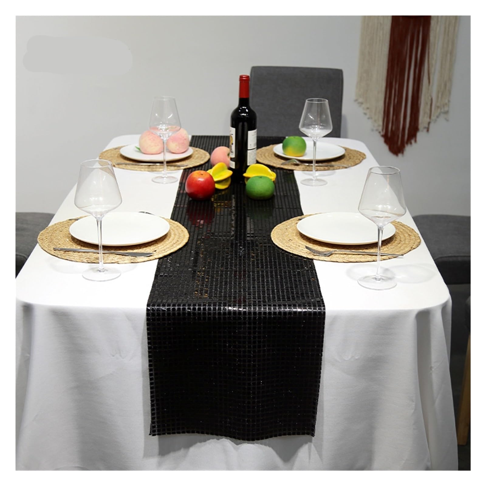 Disco Table Runner Glitter Sequin Disco Table Runner Mirror Gold/Silver/Color Foil Metallic Dining Decoration(Black,30x180cm)