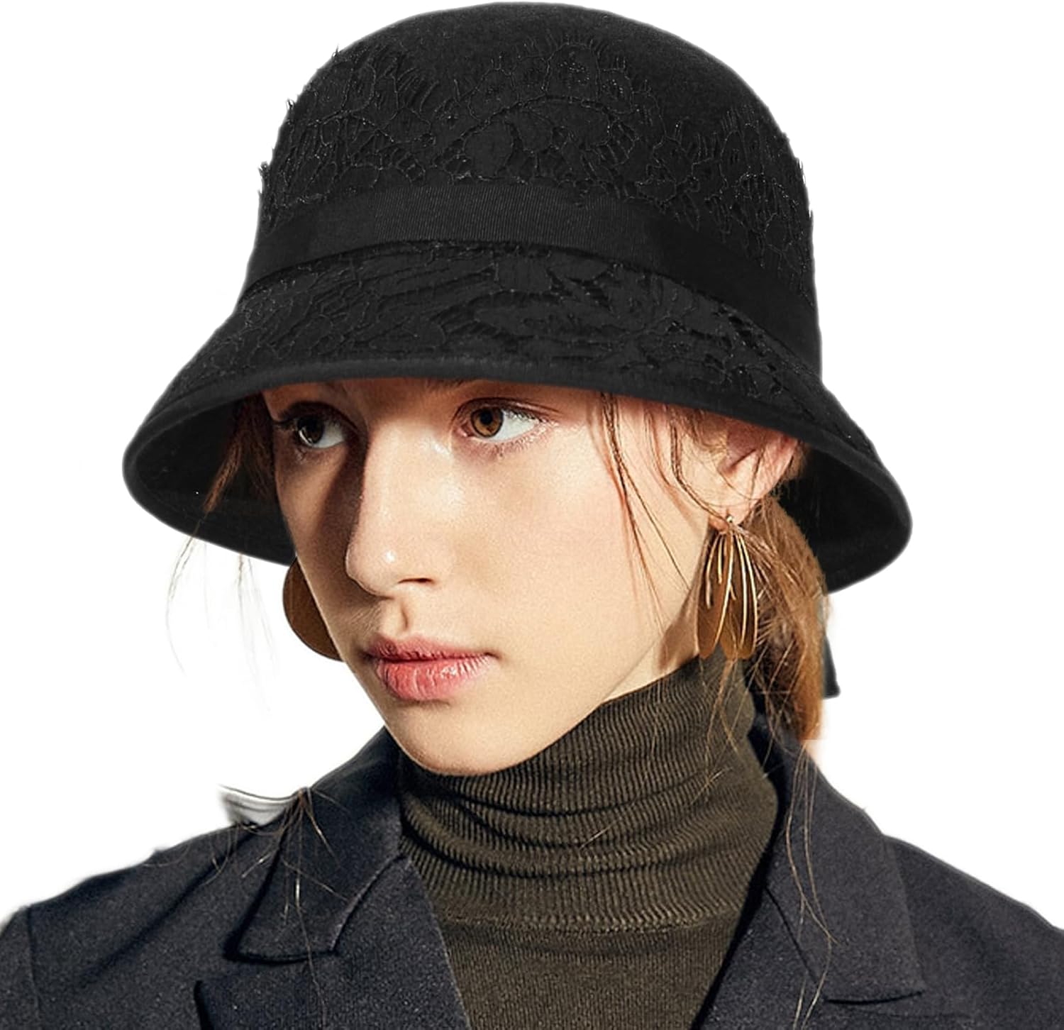 Winter Bucket Hats for Women 100% Wool Derby Hat Lady Church Cap Lace Fedora Hat