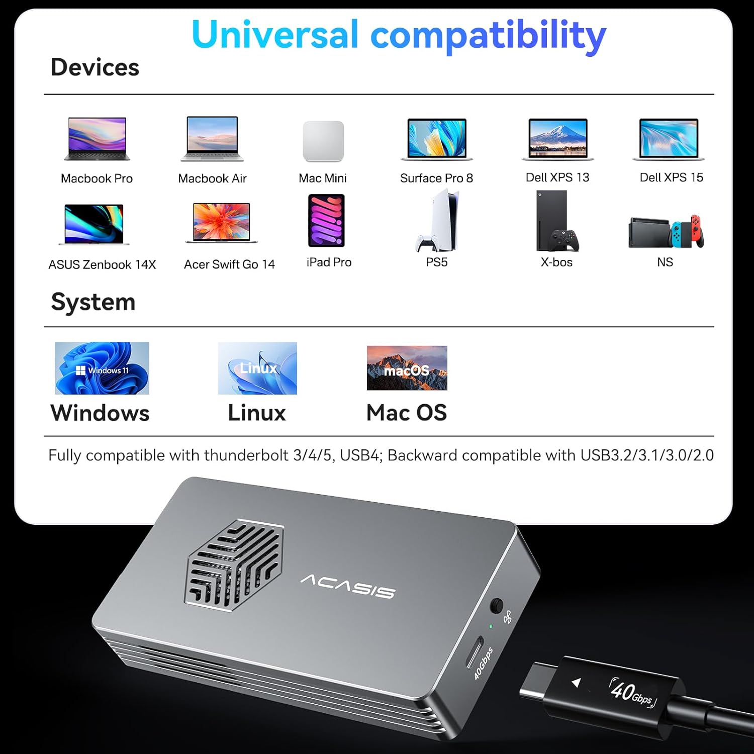 ACASIS 40Gbps M.2 NVMe SSD Enclosure with Cooling Fan,Tool Free Installation,NVMe Enclosure for M1/M2 Pro/Max, Compatible with USB4/3.2/3.1/3.0/2,Support 2280/2260/2242/2230 B+M M-Key(TBU401-used)