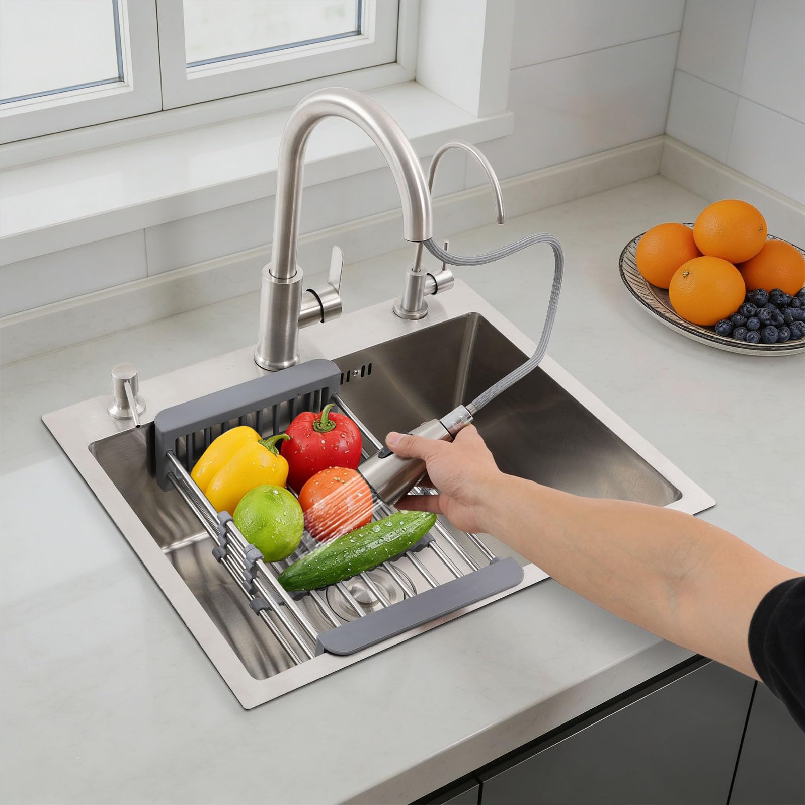 Fregadero Cocina Acero Inoxidable con Grifo Extraíble, Dispensador de Jabón y Escurridor, Fregaderos de un Seno, 55x45x20cm, Incrustado/A ras de la Encimera/Sobre la Encimera (Plata)