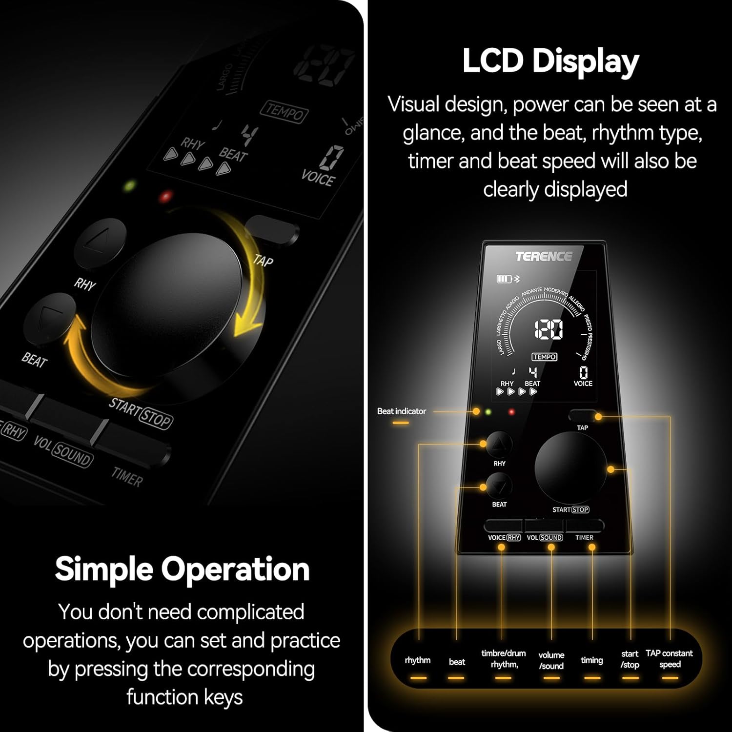 Close-up of the TERENCE Digital Metronome's LCD display and control buttons