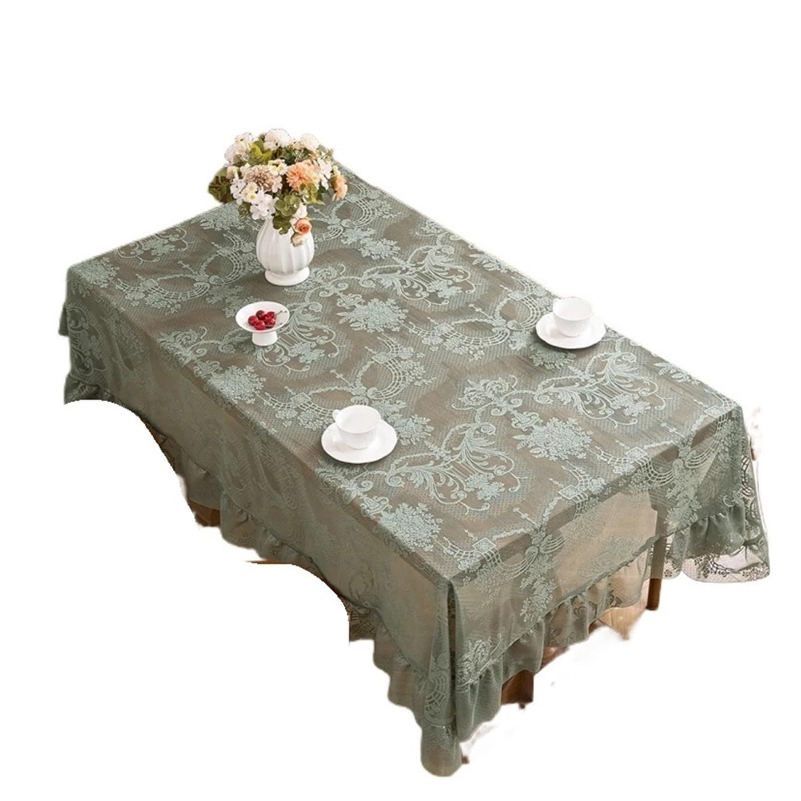 NJIEzhao Embroidered Lace Tablecloth Lace Tablecloth with Ruffle Hem, Vintage Floral Embroidered Semi-Sheer Tulle Cover for Dining(140x140cm)