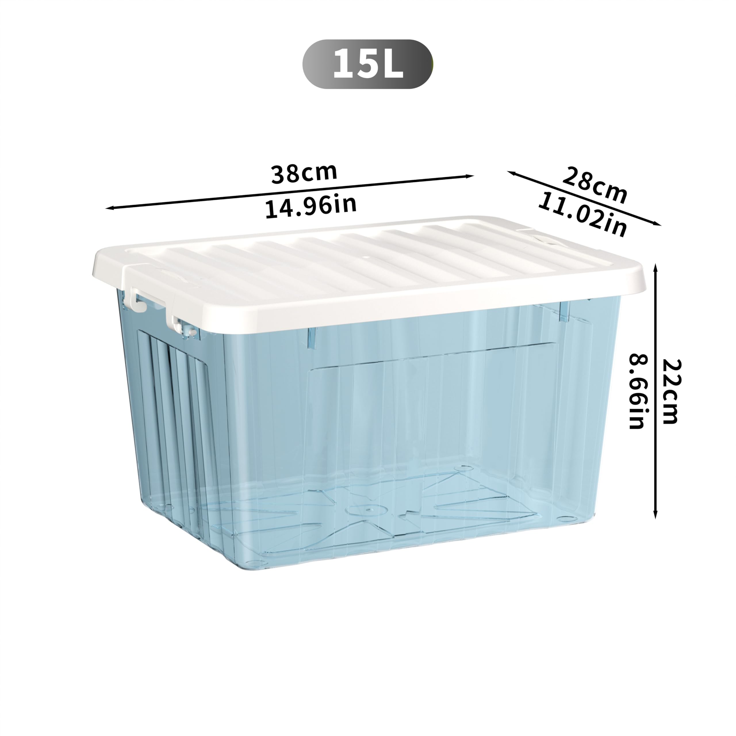 Cetomo 15L*3 Cajas de Almacenamiento con Tapas, Contenedores de Plástico con Broches de Enganche, Clip On, Apilables, Encajables, Organizador Rayado para Ropa Juguetes Armario, Azul Claro, 15L-3 Pack