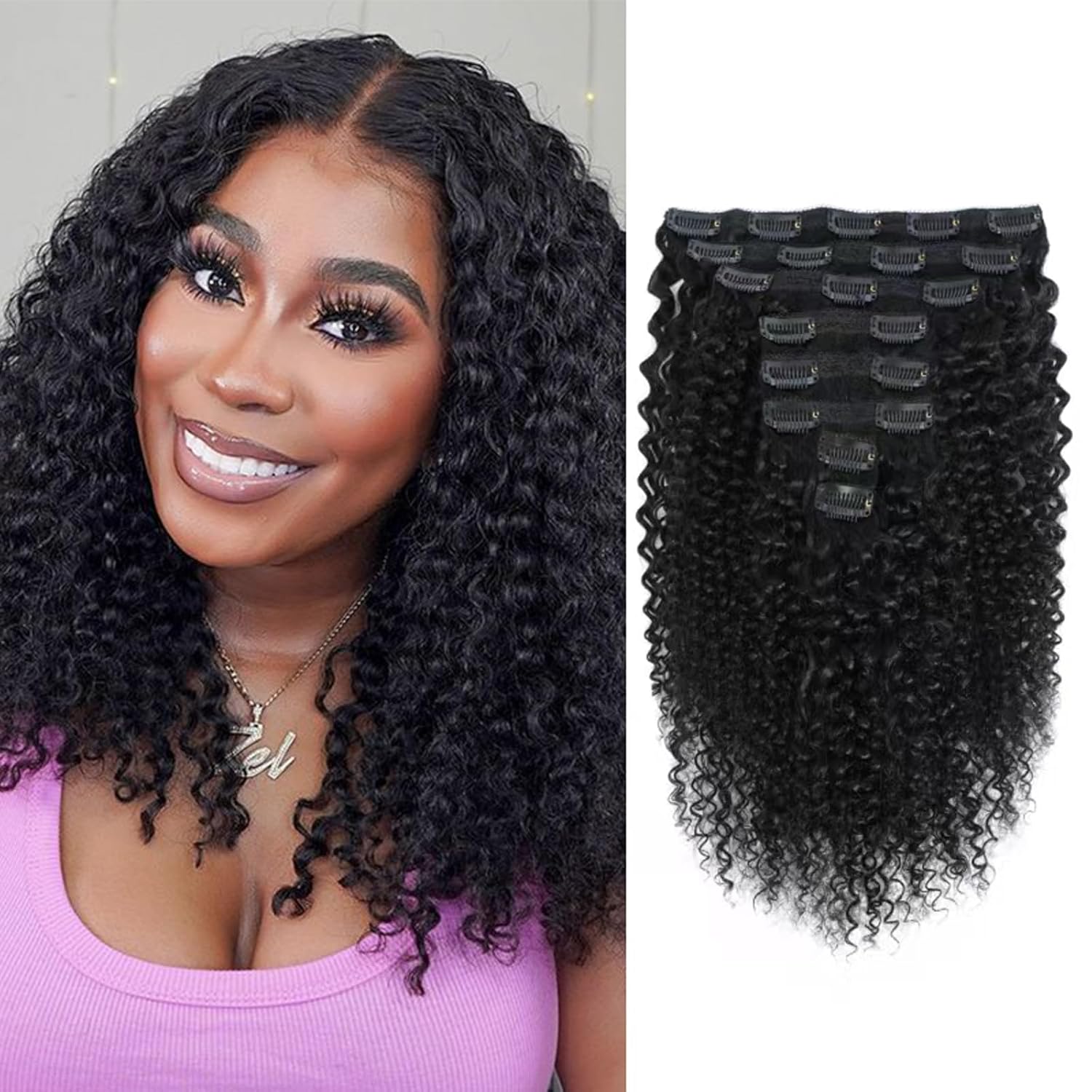 Kinky Curly Clip ins 3C 4A Curly Clip in Hair Extensions Full Head for Black Women Brazilian Remy Human Hair 8Pcs with 20Clips Natural Black Color 12 Inch