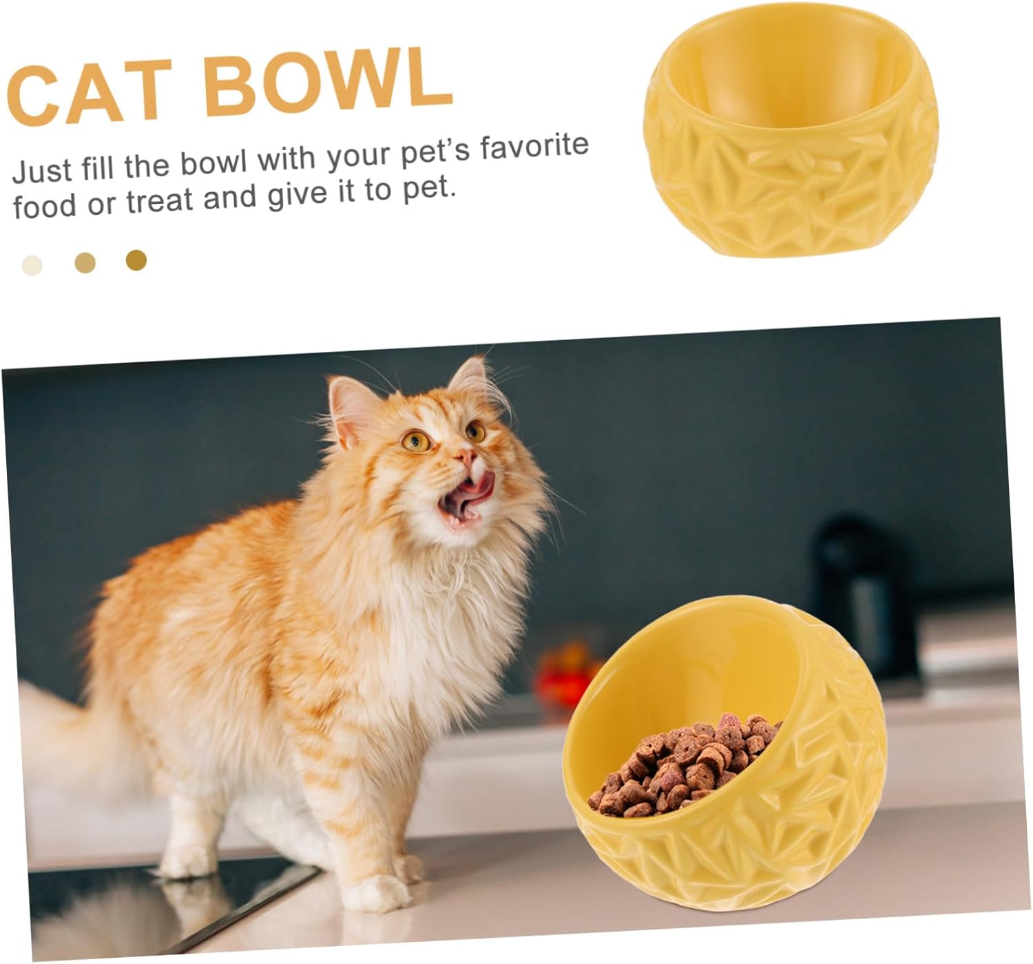 Creative Geometric Ceramic Cat Feeder Bowl Anti-Spill Kitten Food Dish Wear-Resistant Smooth Surface Easy-Clean Yellow Ring Design for Indoor Cats