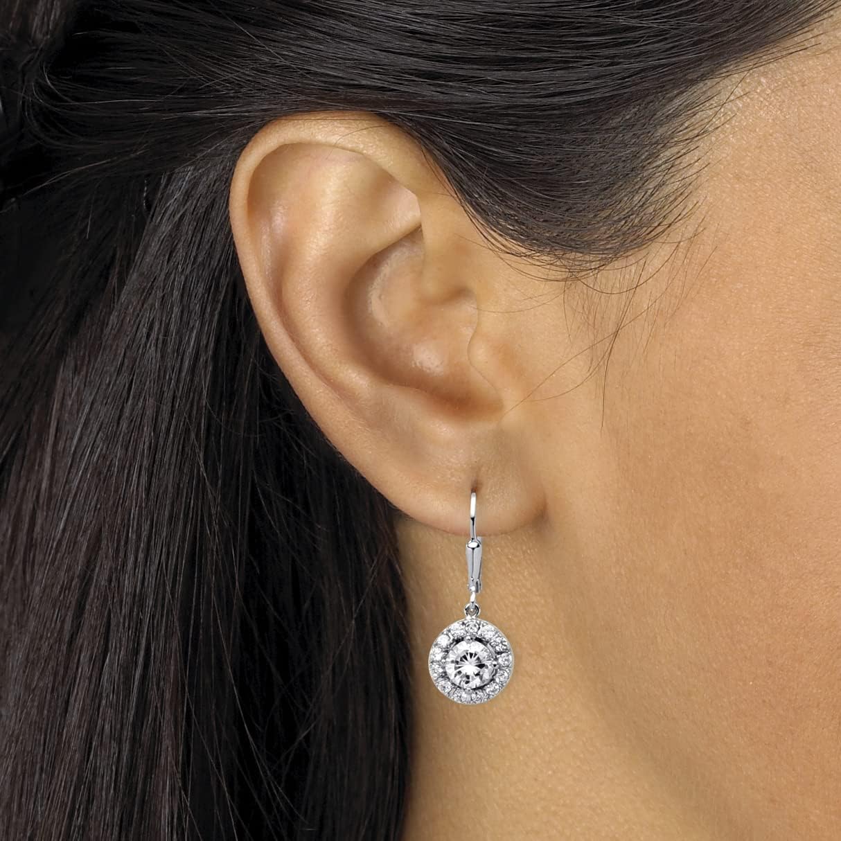 PalmBeach Sterling Silver Round Cubic Zirconia Halo Drop Drop Earrings (27x10mm)