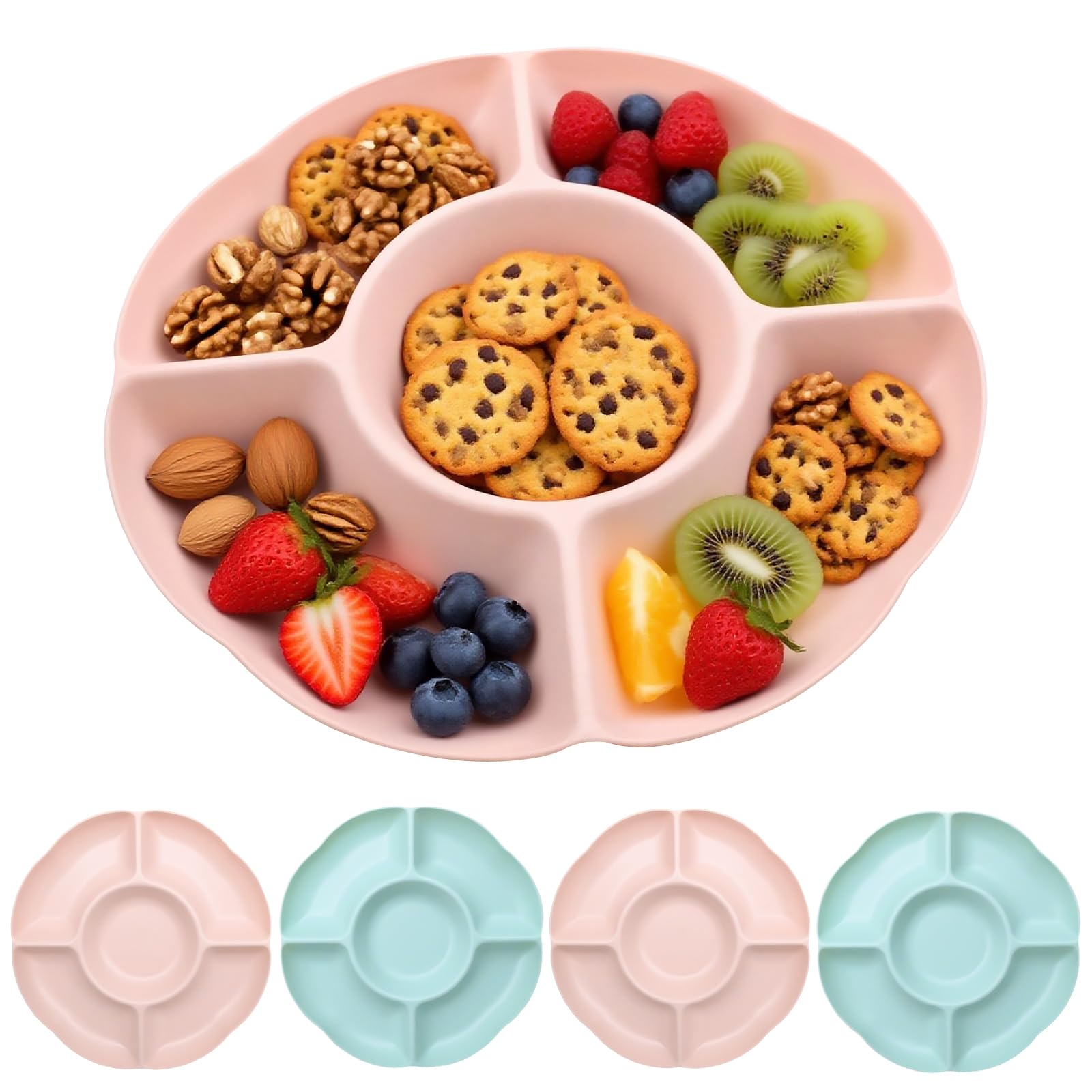 TULEBOLIAN 4 X 5 Sectional Round Plastic Appetizer Snack Serving Platter, Compartment Trays, Reusable Party Appetizer Platter with Dividers for Movie Night, 9.65in (Pink+Green) — image 1