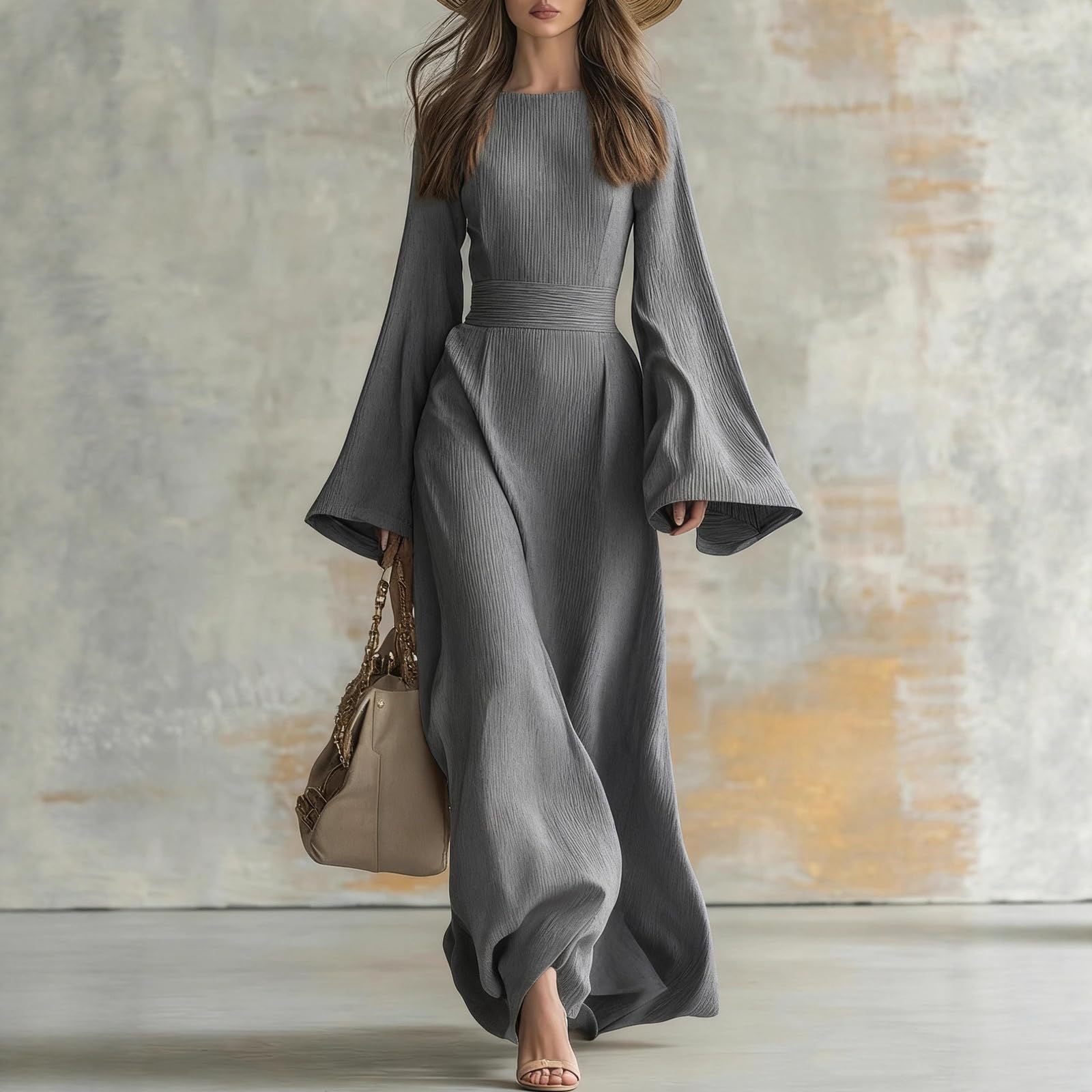 Robe Longue Femme Décontractée À Texture Plissée Coupe Ample Taille Marquée