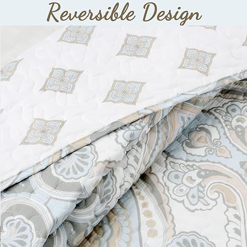 Miniatura 3 de Cozy Line Home Fashions Juego de ropa de cama reversible de microfibra azul cielo, color gris tostado, colcha (medallón moderno, tamaño Queen, 3