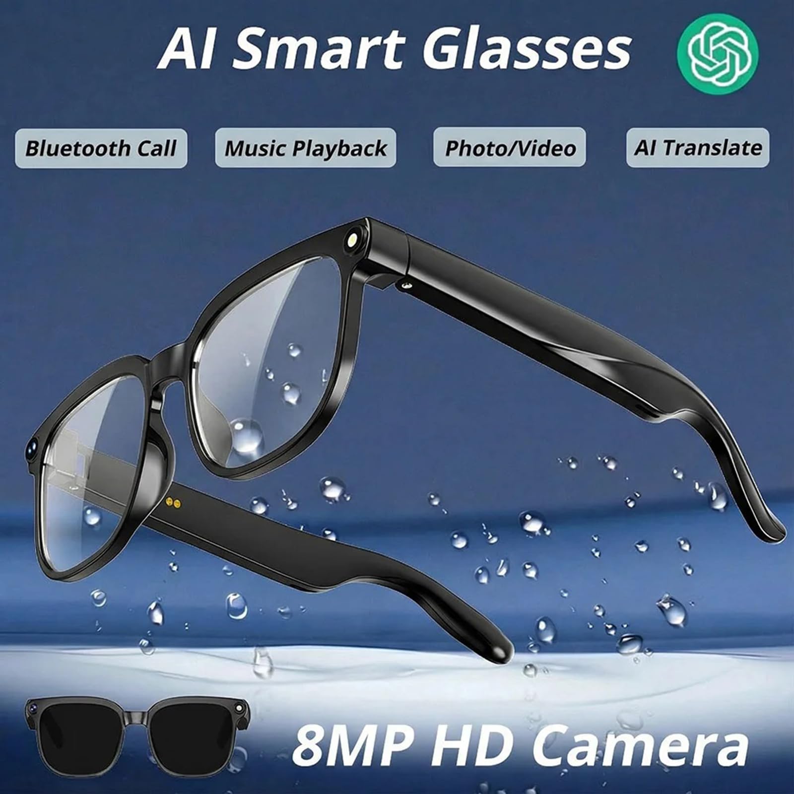 ULUCAN Gafas inteligentes con IA y cámara de 8 MP, gafas de sol con audio Bluetooth de oído abierto para hombres y mujeres, asistente de voz con IA, reconocimiento de objetos, traducción