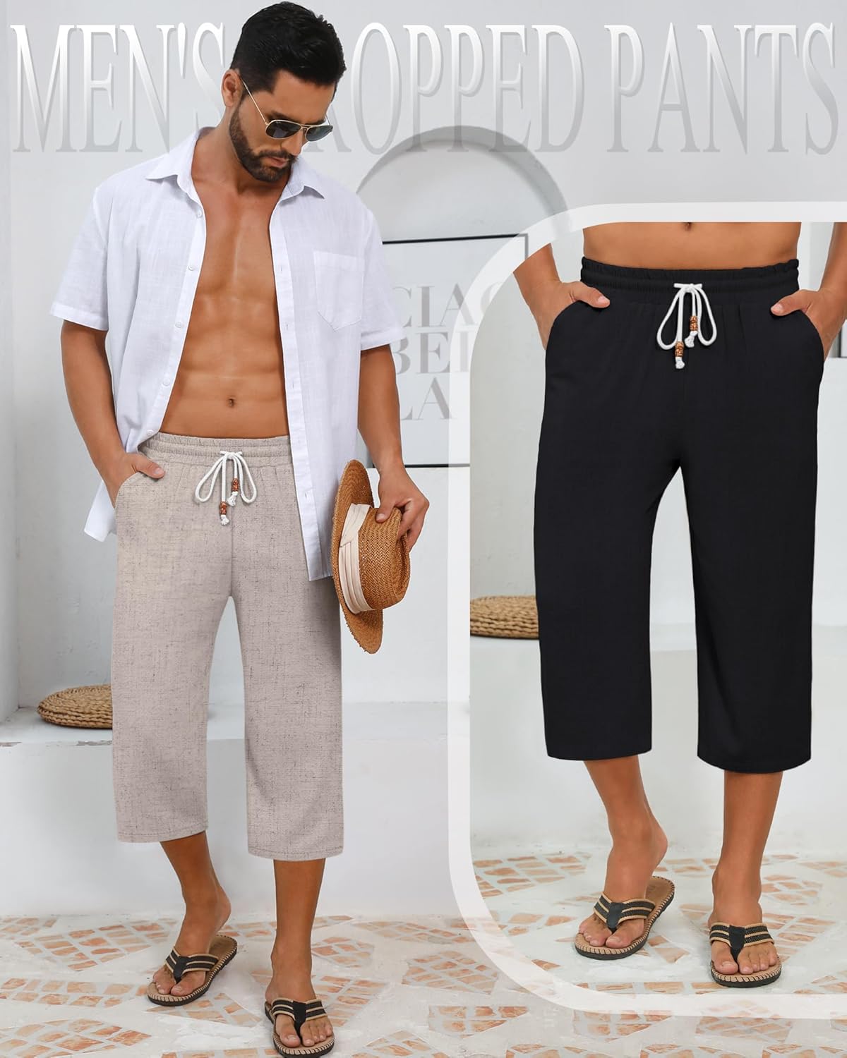 Neer 2 Pack Men's Linen Capri Pants, Lightweight Baggy 3/4 Shorts Drawstring Elastic Waist Beach Yoga Pants with Pockets - Image 2
