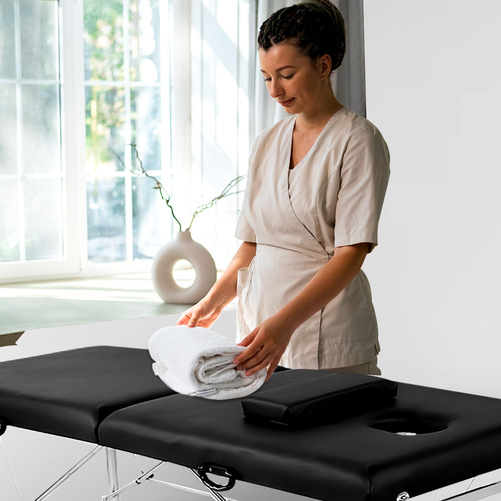 Mesa de masaje plegable profesional Maya de 2 planos, ligera y ergonómica con asa integrada, revestimiento de piel sintética, comodidad óptima (aluminio, negro)