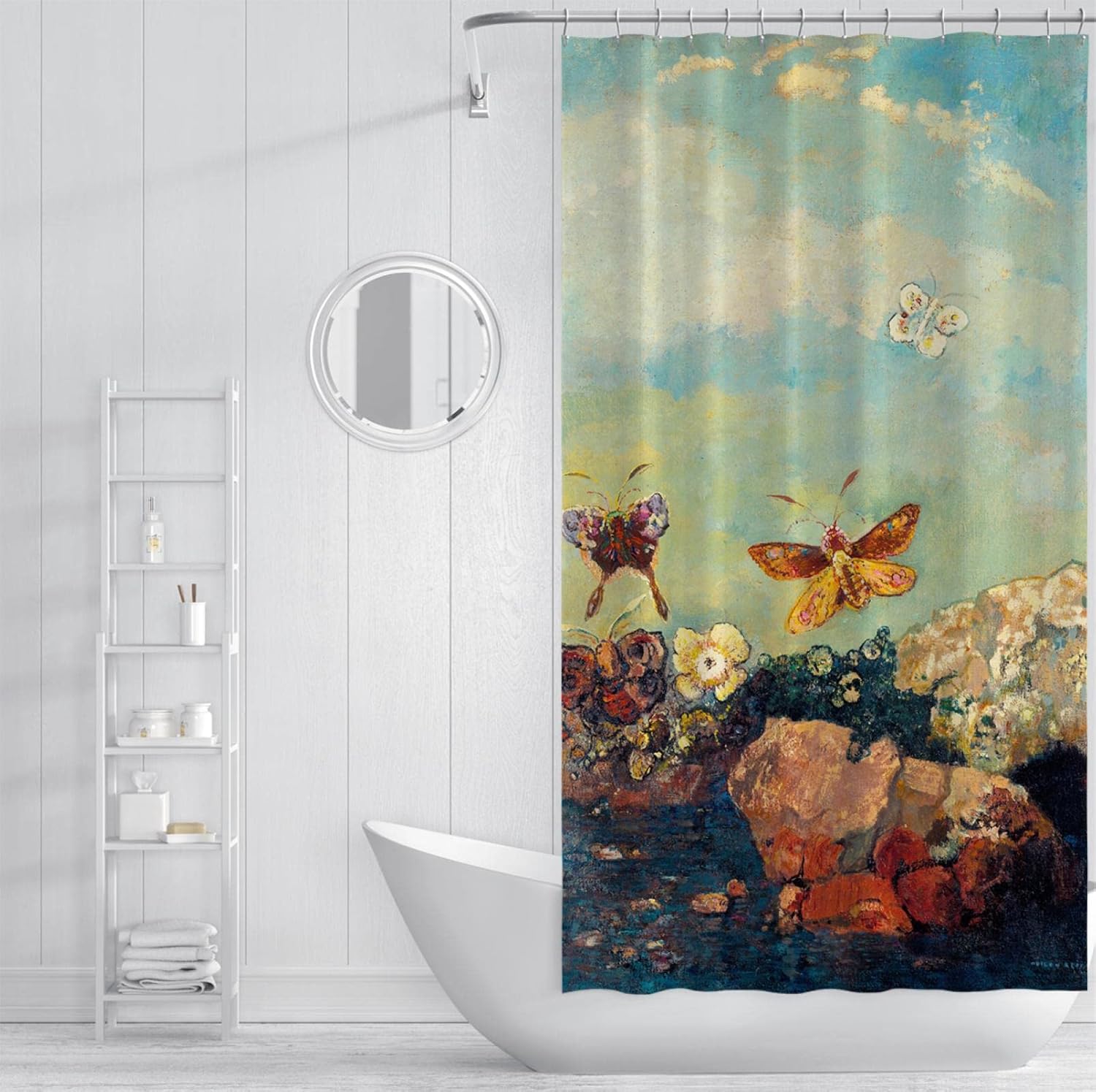 Cartoon Butterfly Shower Curtains Odilon Redon Retro Clear Sky Waterproof Shower Curtain Set with Hooks Black Shower Curtain Liner W72 x L96(in)