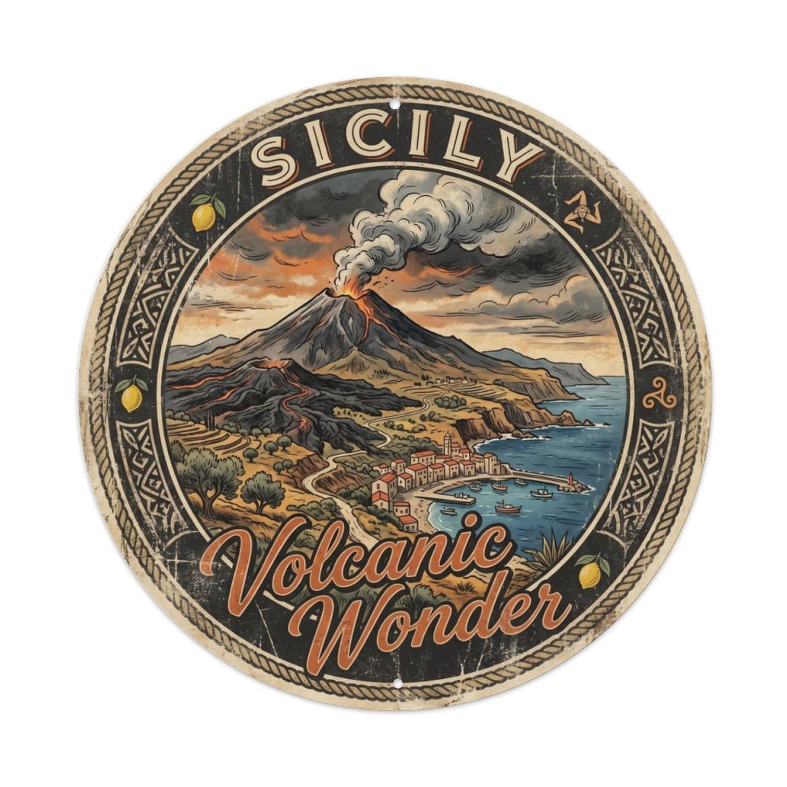 Vintage Travel Etna Volcanic Sicily Metal Tin Sign Plaque Wall Decor for Cafe, Club Bar, Office, Home Garden Round Metal Poster 8x8Inch