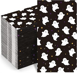 Black Halloween guest napkins with white ghosts and purple and gold stars
