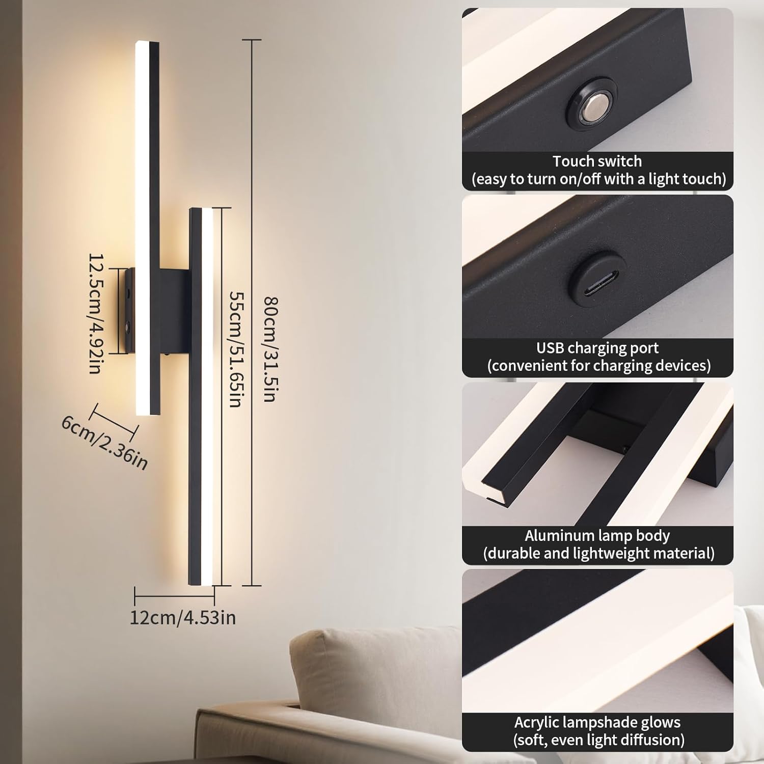 Modern Battery Operated Wall Sconce Set of 2,Dimmable Rechargeable Indoor Led Wall Sconce Lighting,Black Wireless Wall Lamps with Remote Control for Living Room Bedroom Bathroom Hallway