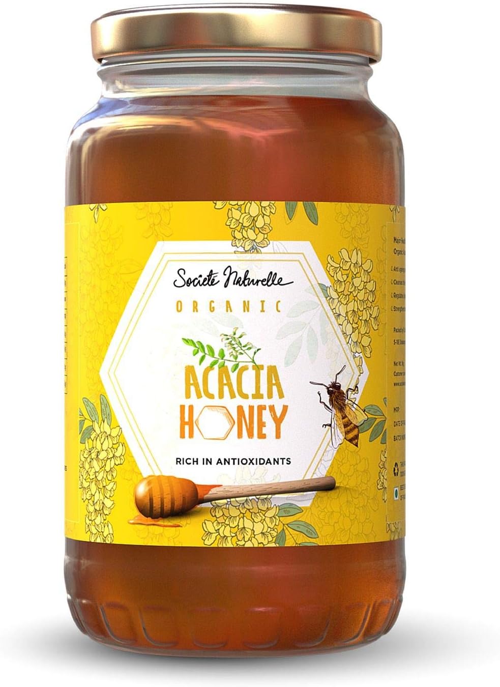 SOCIETE NATURELLE HONEY Acacia Raw Organic NMR Tested Organic Certified Pure Natural Unprocessed Original Honey - 1 kg Glass Jar (Pack of 1)