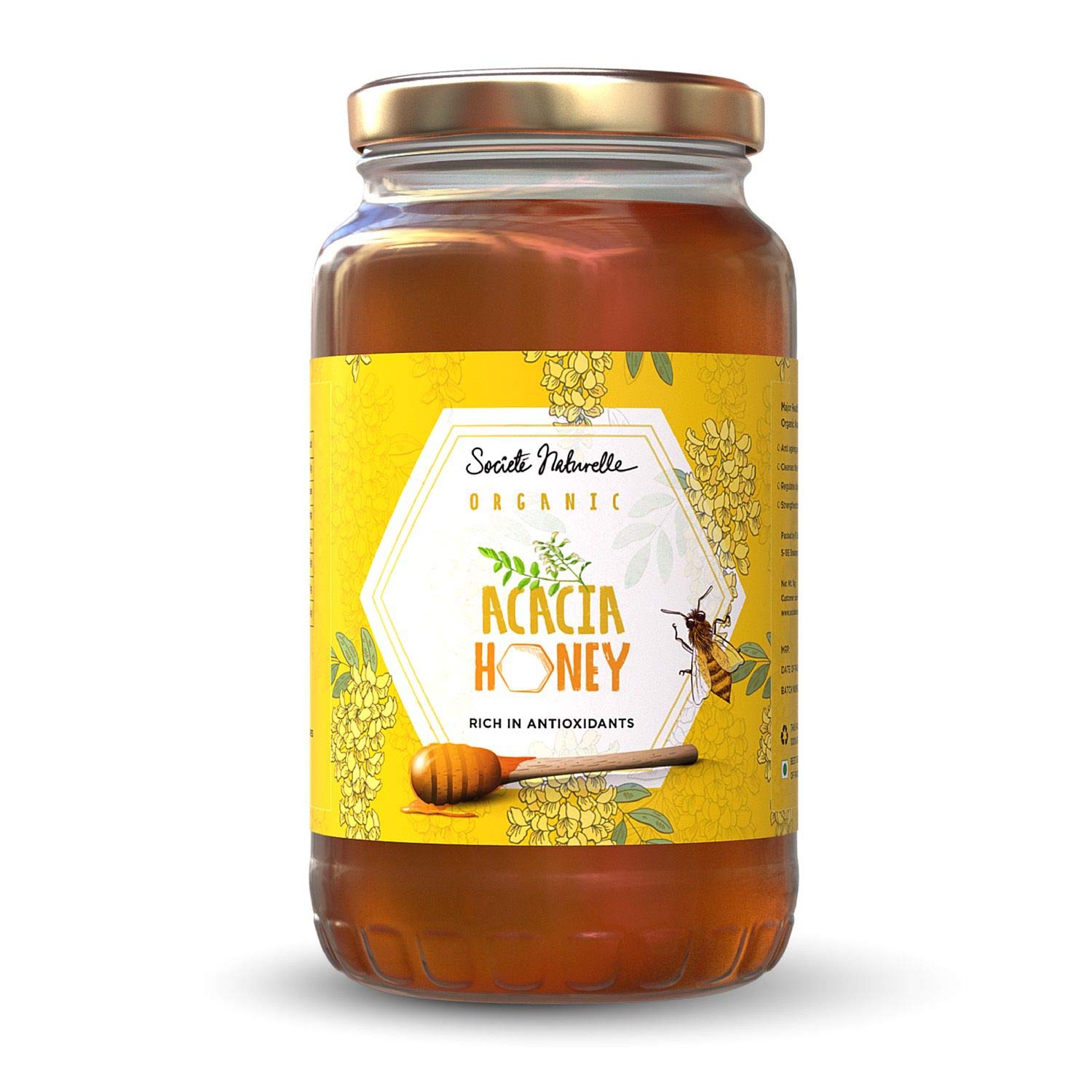 SOCIETE NATURELLE HONEY Acacia Raw Organic NMR Tested Organic Certified Pure Natural Unprocessed Original Honey - 1 kg Glass Jar (Pack of 1)