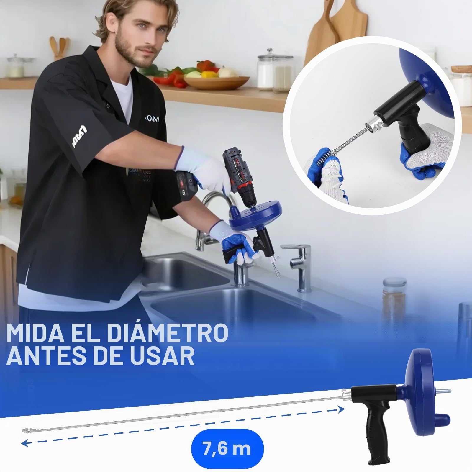 Desatascador Tuberias Profesional Espiral 7,5 Metros Desatascador Fregadero Alambre Desatascador Tuberias a Presion Guia Cable Limpia Desatascar Tuberias Canos Guia Desagues Maquina Cañerias