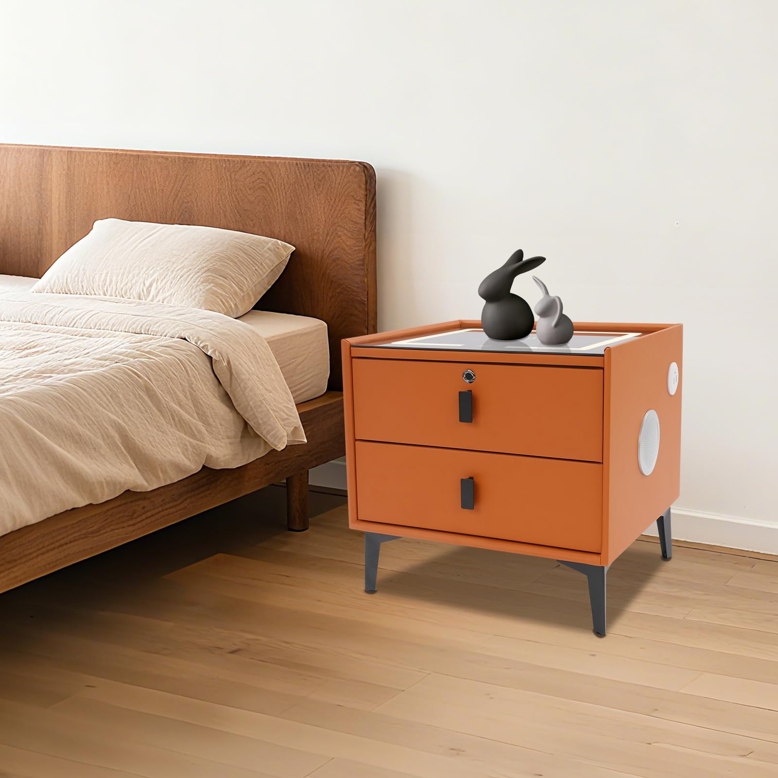 Kompakter Smart Nachttisch 50x40x46cm, Elektrischer Nachttisch USB Ladestation, Fingerprint Schloss, Bluetooth Box, 2 Schubladen und 3 farbige LED-Beleuchtung (Orange)