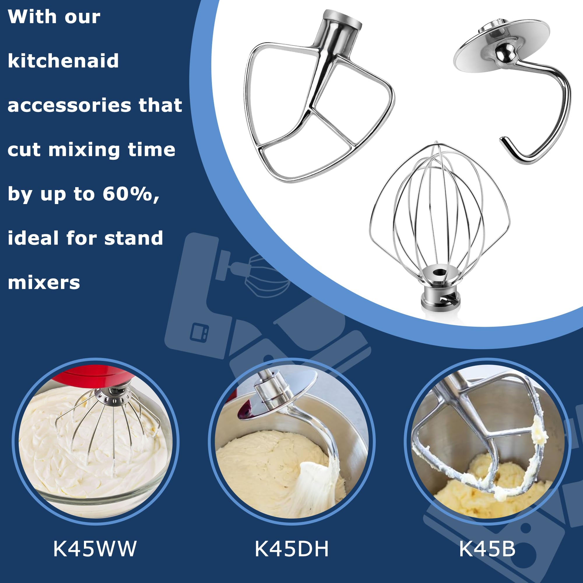 TOMOON Kitchen Aid - Accesorios para mezcladores compatibles con batidoras de 4.5 cuartos de galón, K45DH, gancho de masa K45B, batidor plano recubierto K45WW, látigo de alambre de acero inoxidable