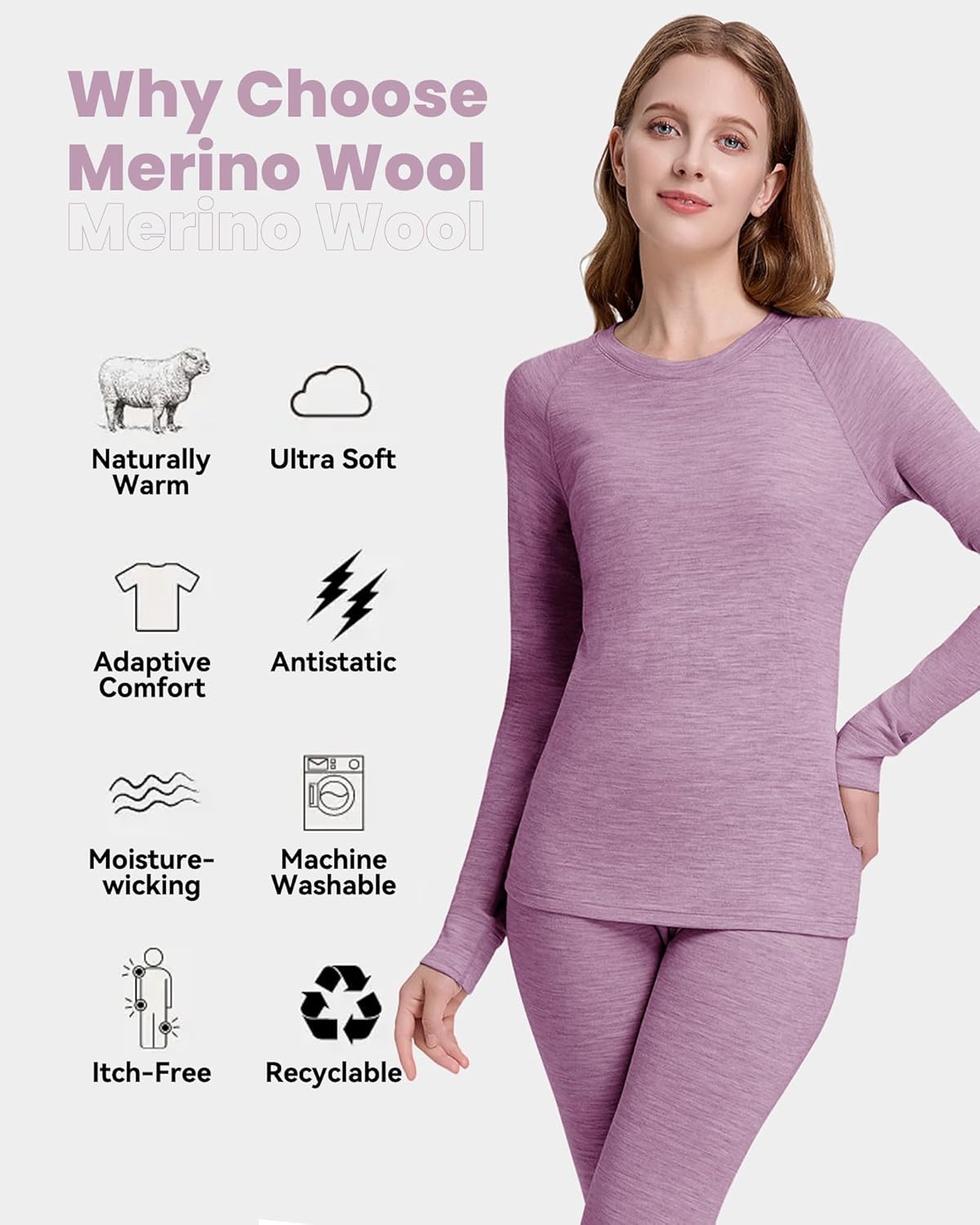 Women's 100% Merino Wool Base Layer Tops Lightweight Long Sleeve Active Base Layer - Image 2