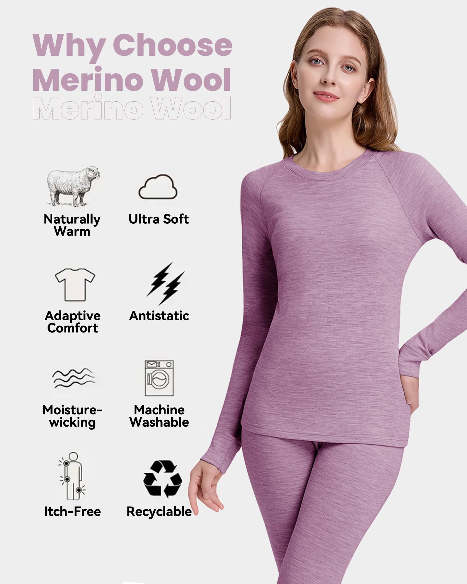Capa base de lana merino 100 % para mujer, ligera, manga larga, capa base activa