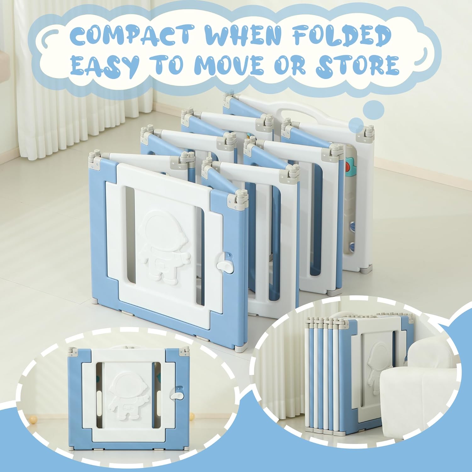 14 Panels Baby Play Pen, Extra Large Baby Playpen, Foldable Astronauts Play Pens for Babies and Toddlers, Adjustable Portable Fence Gate Playpen Yard, Blue