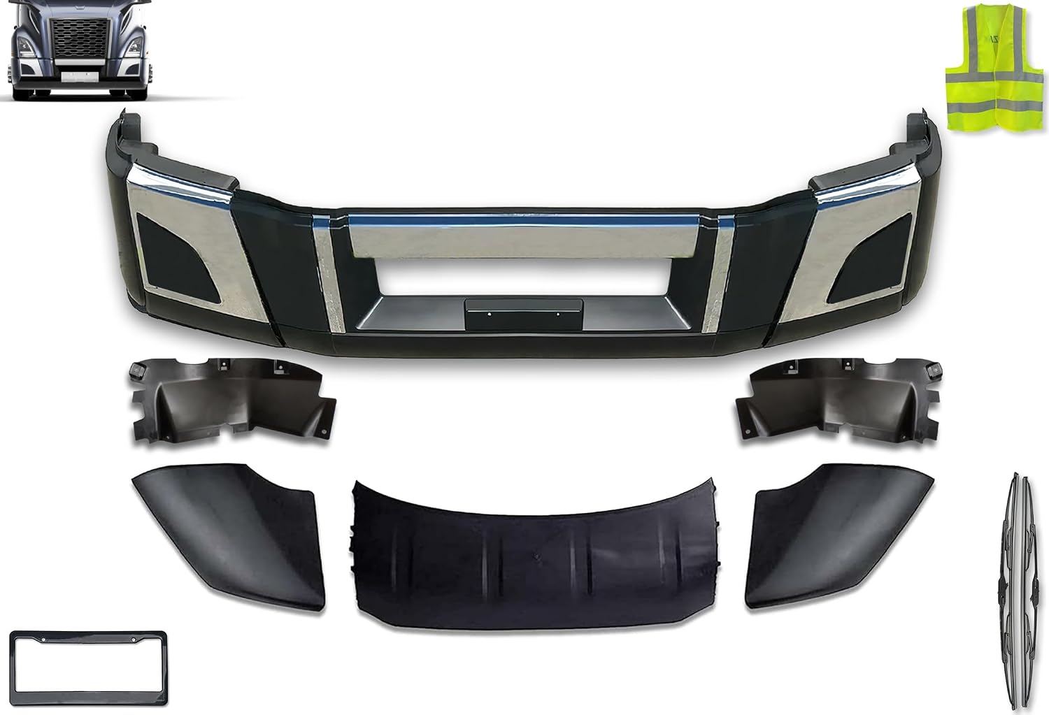 KOZAK Bumper Set without Fog Light Holes and Chrome Trim, Bumper Air Flow Deflector Set Compatible with Volvo VNL 2018+ Includes Logo, License Plate Frame, 2x 22" Windshield Wipers, and Safety Vest