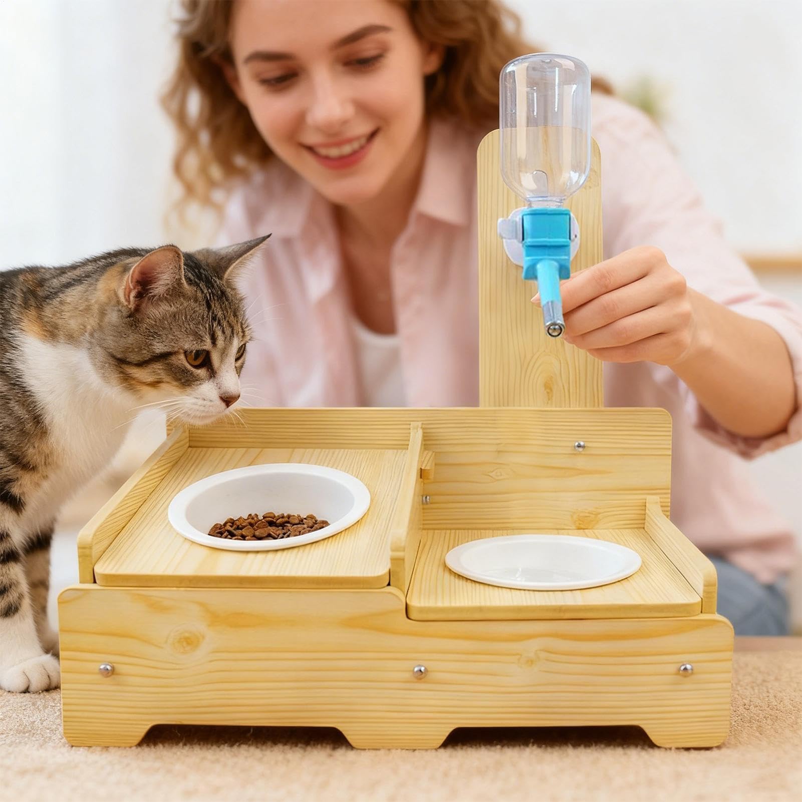 Bebedero para Perros Bebedero De Madera Con 2 Boles | Dispensador De Agua Y Comida Ajustable Felino Para Cachorro Gatito Animal Interior Hogar Balcón Apartamento Exterior