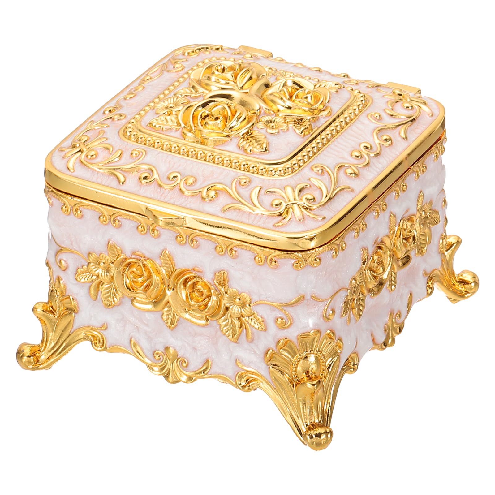 PATIKIL Antike Metall-Schmuckschatulle, quadratische Schmuck-Organizer-Box Schmuck-Aufbewahrungsbox für Ringe Ohrringe Halskette, Frisiertisch,Weiß