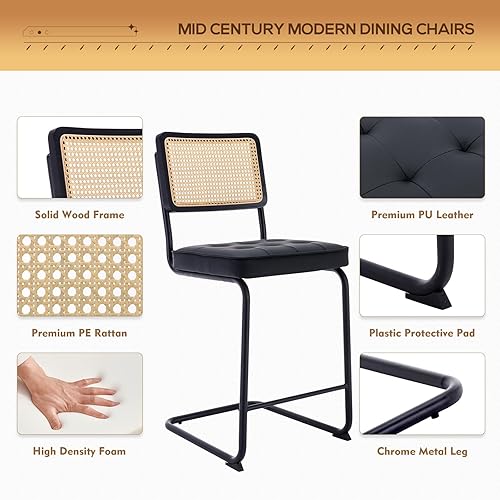 Miniatura 4 de COLAMY Juego de 4 taburetes de bar modernos de mediados de siglo, sillas de bar de ratán de piel sintética con marco de metal resistente para