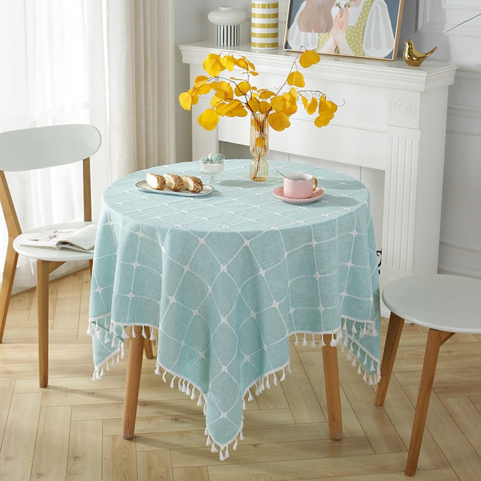 Mantel Mesa Redonda Cocina 240CM,Mantel para Mesa Azul Claro Cuadros con Borlas Poliéster Mantel Decoracion Mesa