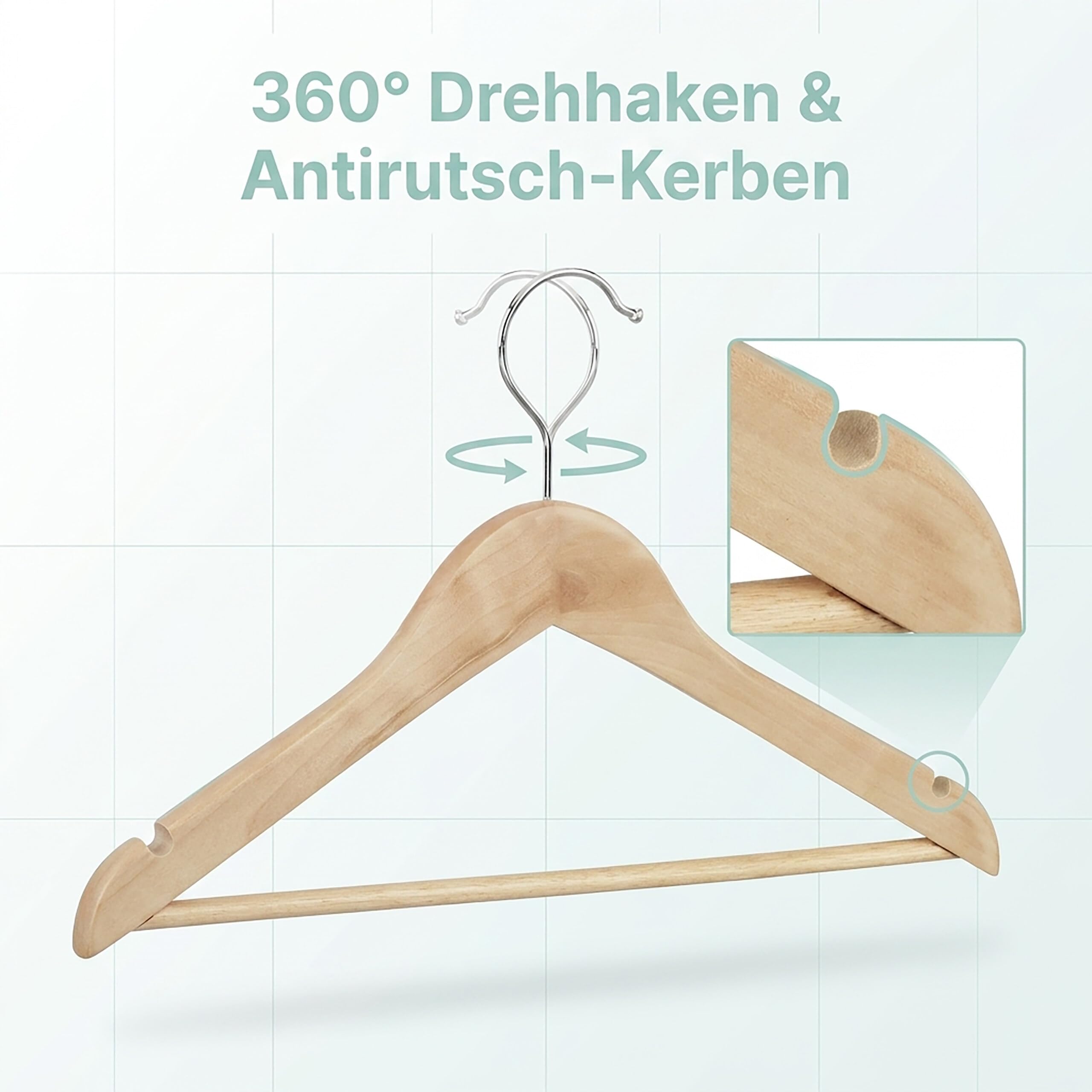 Relaxdays Kleiderbügel Set, 48 Hosenbügel aus Holz, Garderobenbügel, Haken 360° drehbar, HxB: 22,5x44,5cm, natur/silber