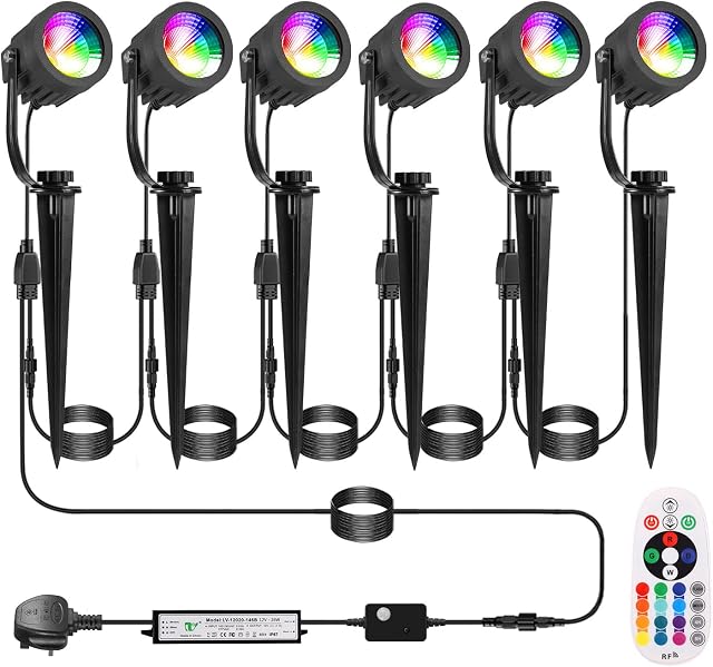 ECOWHO Garden Spot Lights Mains Color Changing Outdoor Spotlight Waterproof 20m Extendable Cable Christmas Landscape Lights Plug-in Outside 12v Timer Memory Remote(Wall/ Spike Mounted, Cool White&RGB)